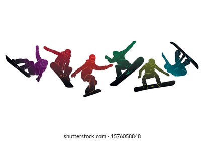 Snowboard, snowboarders, snowboarding extreme winter sport people silhouettes vector illustration, riding a board, tricks