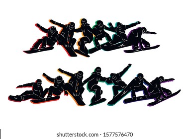 Snowboard, snowboarders, snowboarding extreme winter sport people silhouettes vector illustration, riding a board, tricks