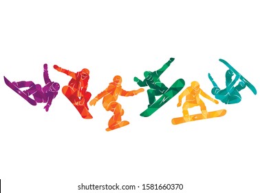 Snowboard, snowboarders, snowboarding extreme winter sport people silhouettes vector illustration, riding a board, tricks