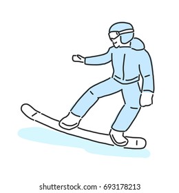 Snowboard and snowboarding winter sport, line drawing. hand drawn. vector illustration.