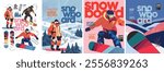 Snowboard. Snowboarding.Vector abstract illustration of winter extreme sport, man snowboarding in mountains outdoors, winter landscape and icons for poster, flyer, leaflet or background