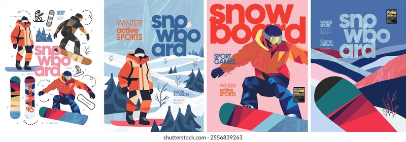 Snowboard. Snowboarding.Vector abstract illustration of winter extreme sport, man snowboarding in mountains outdoors, winter landscape and icons for poster, flyer, leaflet or background