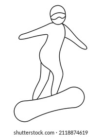 Snowboard sport. Sketch. The athlete descends from the snow-covered slopes and mountains on a special projectile - a snowboard. The athlete moves sideways on the board. Vector icon. Coloring book.