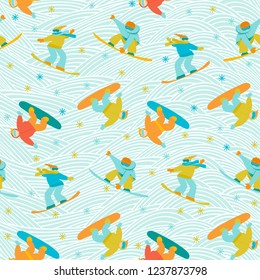 Snowboard sports background. Snowboarders vector illustration. Christmas holidays outdoor sport activity seamless pattern.