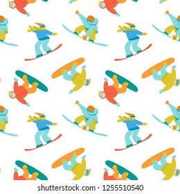 Snowboard sports background. Snowboarders vector illustration. Vinter seasonal seamless pattern. Christmas holidays outdoor sport activity wallpapers.