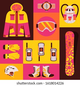 Snowboard sportswear, set of isolated accessories in colorful collage vector illustration. Extreme sport clothing, winter jacket, gloves, ski mask, helmet and snowboard. Sportswear store catalog cover