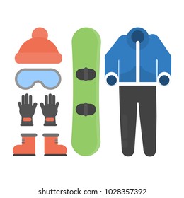 Snowboard starter pack. Clothes and equipment on white.