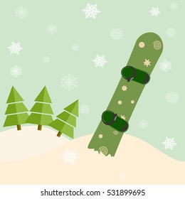 snowboard stick out of snow before a spruce. invitation to the ski resort concept. Vector illustration