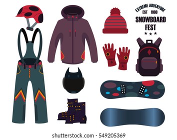 Snowboard with strap-in bindings and stomp pad. Snow extreme fast speed cool air equipment. Winter skier jump lifestyle. Active cold action ski board travel recreation adventure.