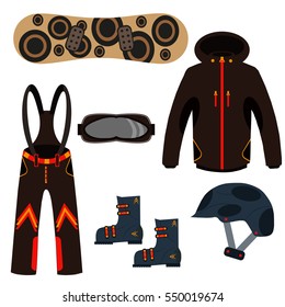 Snowboard with strap-in bindings and stomp pad. Snow extreme fast speed cool air equipment. Winter skier jump lifestyle. Active cold action ski board travel recreation adventure.