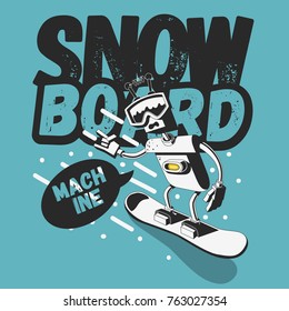 Snowboard Tee Print Design With A Robot Snowboarder Illustration. Vector Graphic.