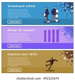 Snowboard theme banners design. Flat horizontal banners on the theme of snowboarding, extreme sports, winter sports, travel. Vector illustration.