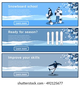 Snowboard theme banners design. Flat horizontal banners on the theme of snowboarding, extreme sports, winter sports, travel. Vector illustration.