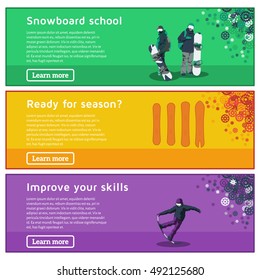 Snowboard theme banners design. Flat horizontal banners on the theme of snowboarding, extreme sports, winter sports, travel. Vector illustration.