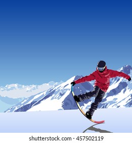 snowboard theme illustration. Snowboarder makes freestyle trick tail block. mountains in the background. vector illustration. flat design. snowboarder with snowboard. Snowboard rider.