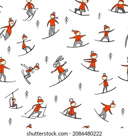 Snowboard time, people snowboarding from the mountain. Seamless pattern for your design