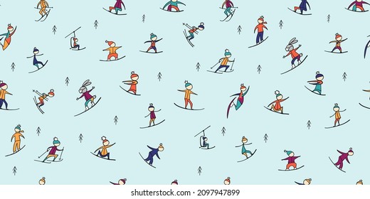 Snowboard time, people snowboarding from the mountain. Seamless pattern for your design