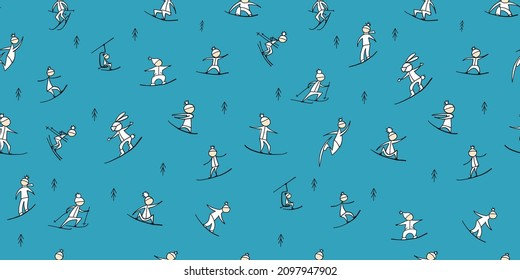 Snowboard time, people snowboarding from the mountain. Seamless pattern for your design