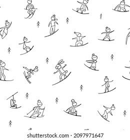 Snowboard time, people snowboarding from the mountain. Seamless pattern for your design