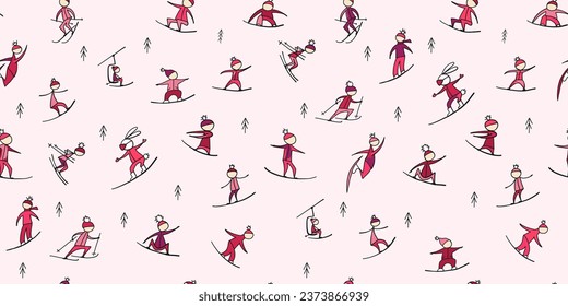 Snowboard time, people snowboarding from the mountain. Seamless pattern for your design