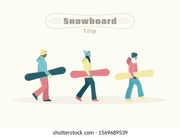 Snowboard Trip concept. Snowboarders are walking in the mountains resort. Flat vector illustration of snowboard.
