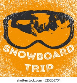 SNOWBOARD TRIP. Mask snowboarder.Competition. Snow. A winter activity. Poster.Modern graphic design. The highest League. Yellow background