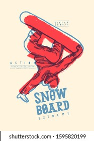 Snowboard t-shirt print. Snowboarder standing on hand trick.