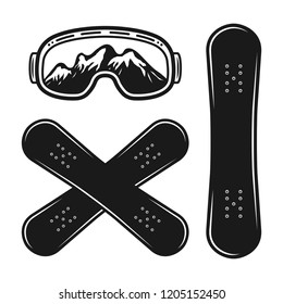 Snowboard, two crossed decks and ski glasses vector objects or design elements in vintage monochrome style isolated on white background