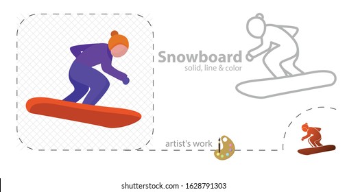 Snowboard vector flat illustration, solid, line icon