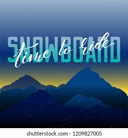 Snowboard. Vector lettering illustration. Snowboard logo, vector illustration, winter sports emblem design. Badge with retro grunge effect. Vector EPS 10