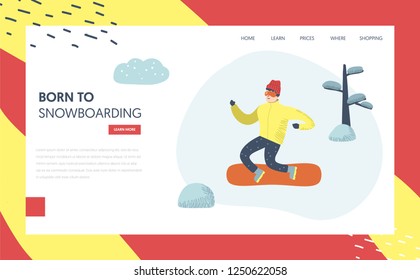 Snowboard Winter Holidays Landing Page Template. Active Man Character snowboarding in Mountains for Website or Web Page. Outdoor Activities Concept. Vector illustration