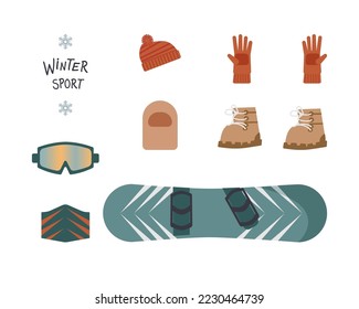 Snowboard, Winter sports clothes and accessories for active lifestyle, Vector illustration set in flat on white background