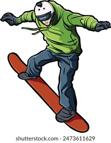 Snowboarder in Action with Green Jacket