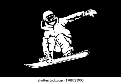 Snowboarder in action vector illustration. Extreme winter sports. Snowboarding emblem. Sport club logo. Snowboarding equipment.