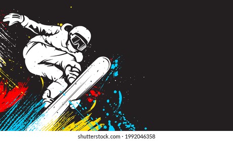 Snowboarder in action vector illustration. Extreme winter sports. Snowboarding emblem. Sport club logo. Snowboarding equipment.