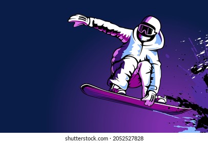 Snowboarder en la ilustración del vector de acción. Deportes de invierno extremos. Emblema de Snowboard. Logo del club deportivo. Equipo de snowboard.