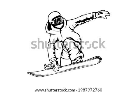 Snowboarder in action vector illustration. Extreme winter sports. Snowboarding emblem. Sport club logo. Snowboarding equipment.