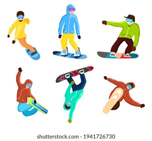 Snowboarder agility and skill set isolated on white