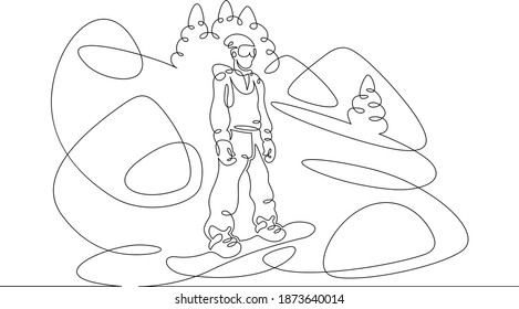 Snowboarder athlete tourist with a board stands in the snow.Winter landscape of fir forests and mountains.One line continuous thick bold single drawn art doodle isolated hand drawn outline logo