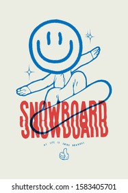 Snowboarder with a big smiley face funny t-shirt print vector illustration.