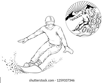 Snowboarder with a board on his shoulders. Winter sports background. Black and white linear art and logo
