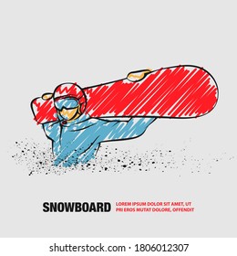 Snowboarder mit einem Brett auf den Schultern. Vektorgrafik des Snowboardens mit Schreib-Doodles-Stilzeichnung.