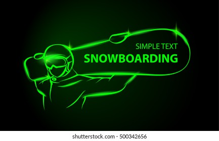 Snowboarder with a board on his shoulders. Green neon winter sports background with space for text.