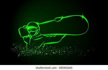 Snowboarder With A Board On His Shoulders. Green Neon Winter Sports Background.