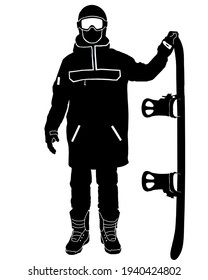 Snowboarder with board on white background