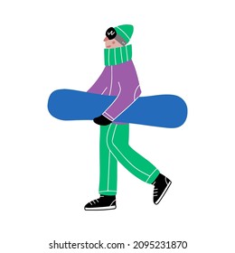 A snowboarder in bright clothes carries a snowboard. Vector illustration in hand drawn style.