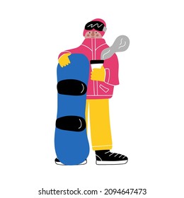 A snowboarder in bright clothes rests after riding and drinks coffee. Vector illustration in hand drawn style.