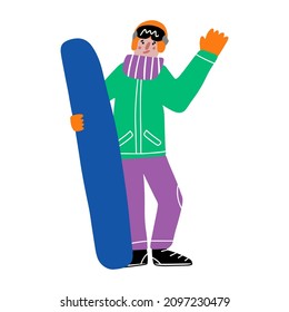 A snowboarder in bright clothes rests after skiing and waves his hand. With his other hand, he holds a snowboard. Vector illustration in hand drawn style.