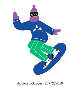 A snowboarder in bright clothes rides down the slope and waves his hand. Vector illustration in hand drawn style.
