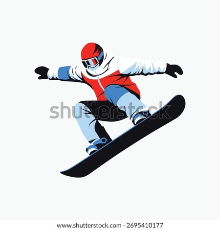 A snowboarder is captured mid-air, showcasing a dynamic pose. The athlete wears a helmet and gear, executing a trick with skill.